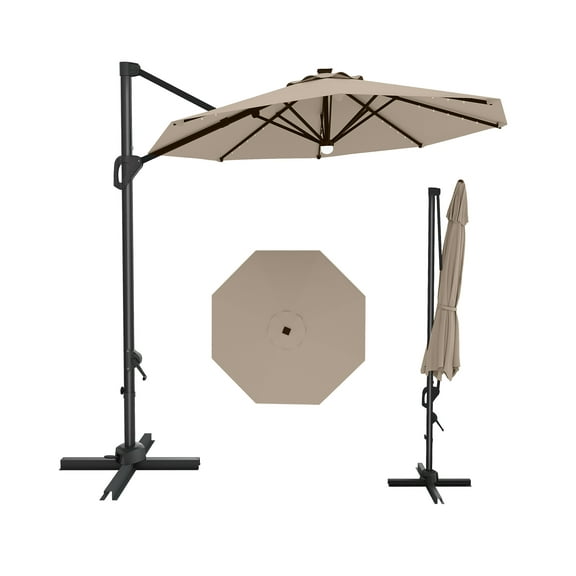 10 ft Cantilever Patio Umbrella with Solar Lights, w/Base Included Market Sun Shade Windproof Offset with 360-Degree Rotation for Backyard Garden Pool Deck