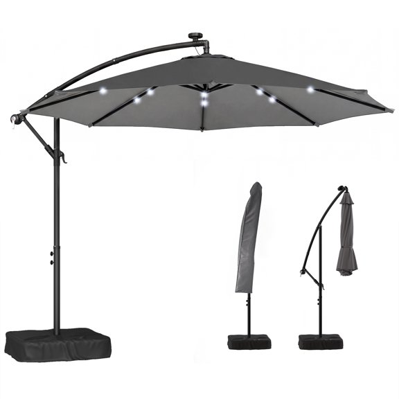 10 ft Cantilever Patio Umbrella with Light, Weight, Offset Hanging Outdoor Umbrella with Protective Cover, Dark Gray