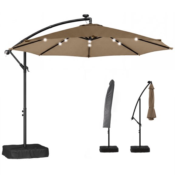 10 ft Cantilever Patio Umbrella with Light, Weight, Offset Hanging Outdoor Umbrella with Protective Cover, Tan