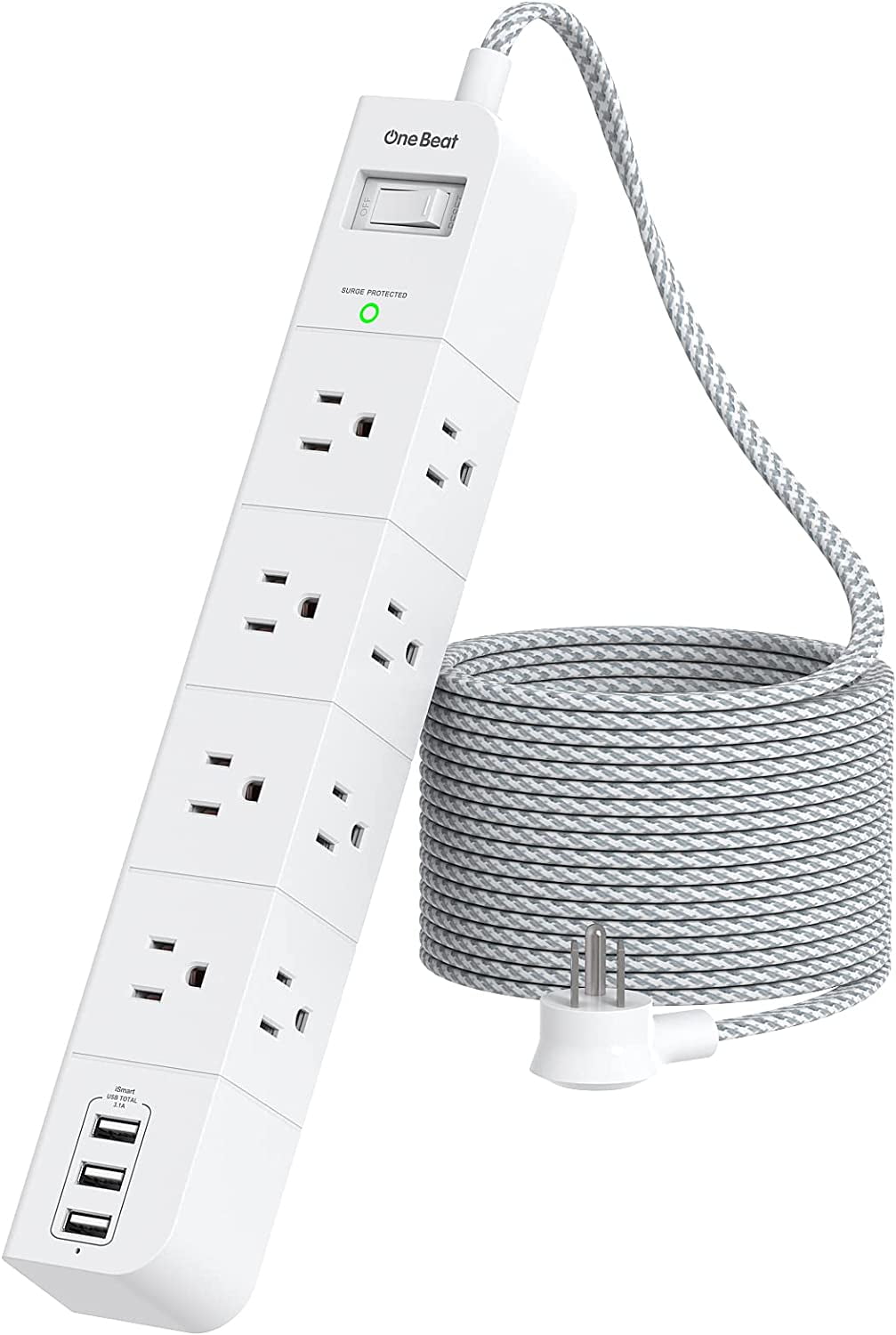 10 ft Extension Cord, Power Strip Surge Protector - 8 Widely AC Outlets ...