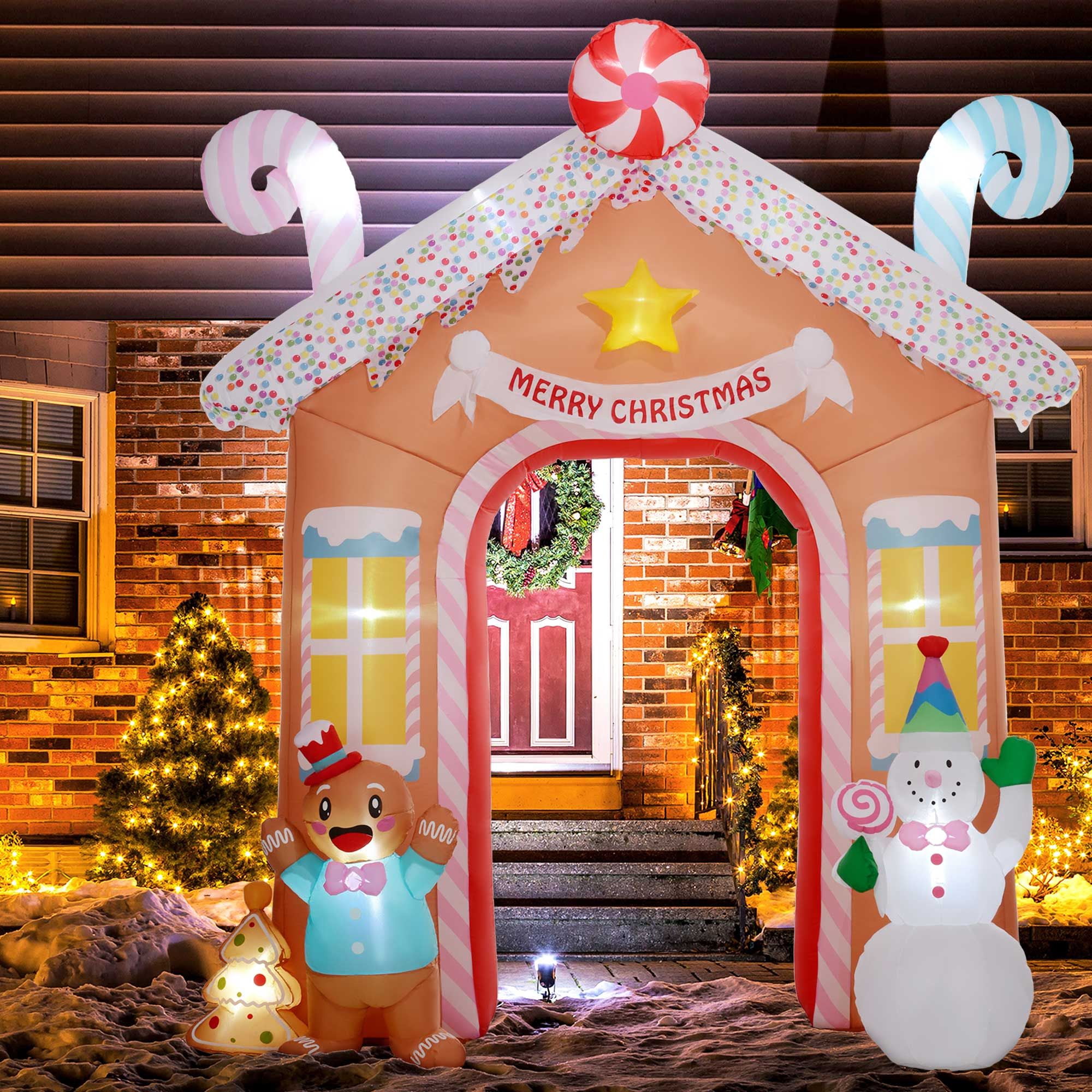 10 ft Inflatable Gingerbread House Archway with White LED Lights
