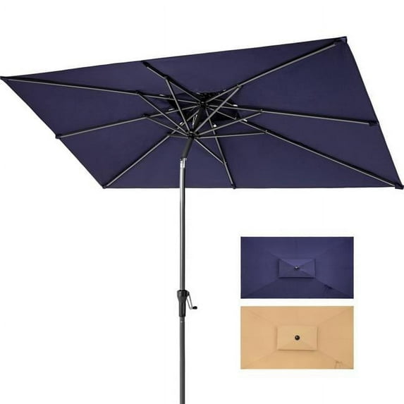 10 ft. Navy Polyester Rectangular Tilt Market Patio Umbrella with Stand