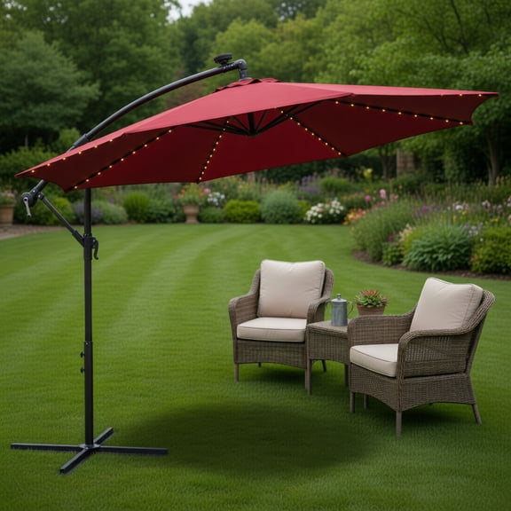 10 ft Offset Patio Umbrella with 112 Solar LED Lights,Beige, Coffee, Navy & Red,Tilt & Crank Design,Fade-Resistant Polye