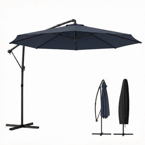 10 ft Offset Patio Umbrella with Cover, Hanging Cantilever Umbrella with 360 Rotation, Crank Handle, Tilt, Navy Blue