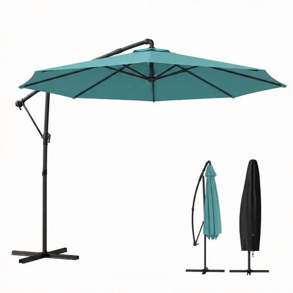 10 ft Offset Patio Umbrella with Cover, Hanging Cantilever Umbrella with 360 Rotation, Crank Handle, Tilt, Sky Blue