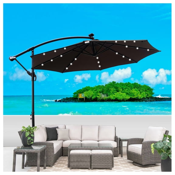 10 ft Outdoor Patio Umbrella Solar Powered LED Lighted Sun Shade Waterproof 8 Ribs Umbrella with Crank and Cross Base for Garden Deck Backyard Pool Shade Outside Deck Swimming Pool