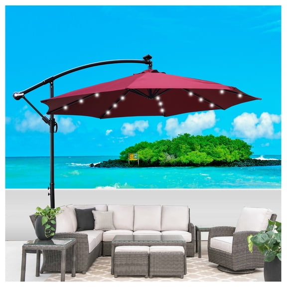 10 ft Outdoor Patio Umbrella Solar Powered LED Lighted Sun Shade Waterproof 8 Ribs Umbrella with Crank and Cross Base for Garden Deck Backyard Pool Shade Outside Deck Swimming Pool
