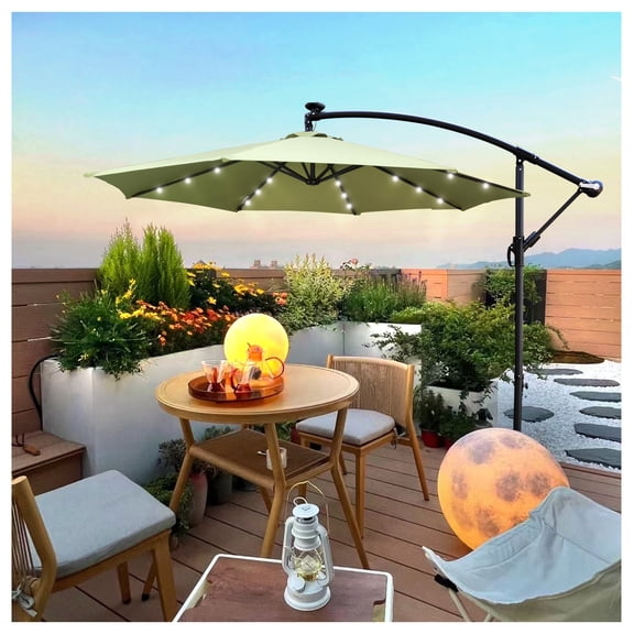 10 ft Outdoor Patio Umbrella Solar Powered LED Lighted Sun Shade Waterproof 8 Ribs Umbrella with Crank and Cross Base for Garden Deck Backyard Pool Shade Outside Deck Swimming Pool