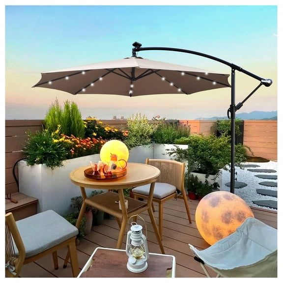 10 ft Outdoor Patio Umbrella Solar Powered LED Lighted Sun Shade Waterproof 8 Ribs Umbrella with Crank and Cross Base for Garden Deck Backyard Pool Shade Outside Deck Swimming Pool
