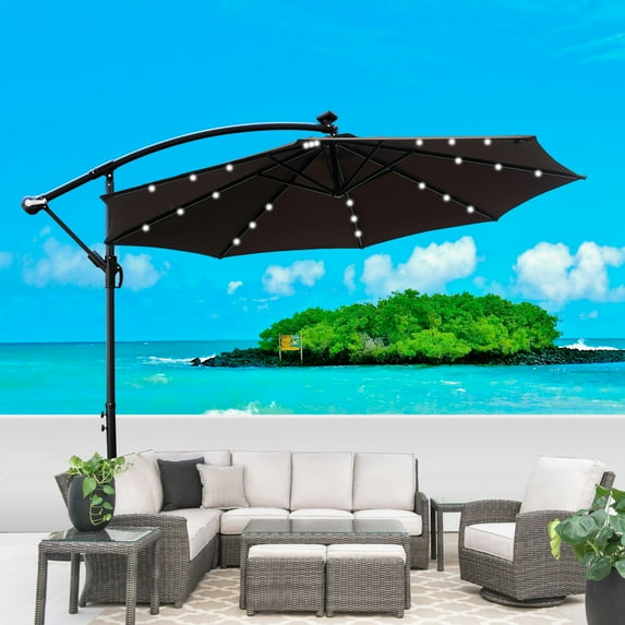 10 ft Outdoor Patio Umbrella, Patio Solar Umbrella LED Lighted Sun Shade Table Market Umbrella, Waterproof 8 Ribs Umbrella with Crank and Cross Base for Garden Backyard Pool, Chocolate