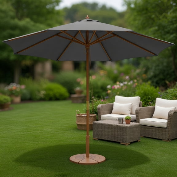 10 ft Outdoor Patio Umbrella with 8 Bamboo Ribs, 3-Height Adjustable Pole, Vented Canopy & Easy-Pull Rope System,Beige P