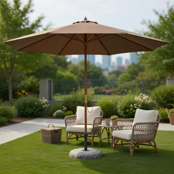 10 ft Outdoor Patio Umbrella with 8 Bamboo Ribs, 3-Position Height Adjustment, Vented Canopy & Easy-Pull Rope System,Bei
