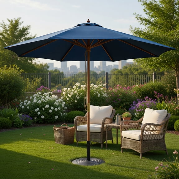 10 ft Outdoor Patio Umbrella with 8 Bamboo Ribs, 3-Position Height Adjustment, Vented Canopy & Easy-Pull Rope System,Bei