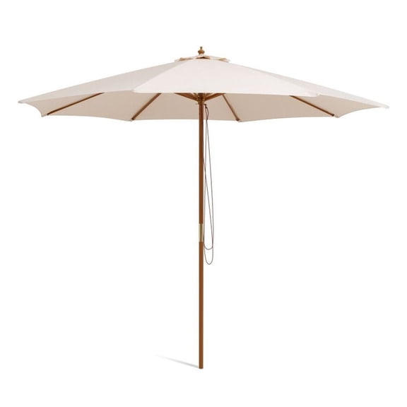 10 ft Patio Umbrella Beige, Wooden Ribs Adjustable Height Outdoor Market Umbrella