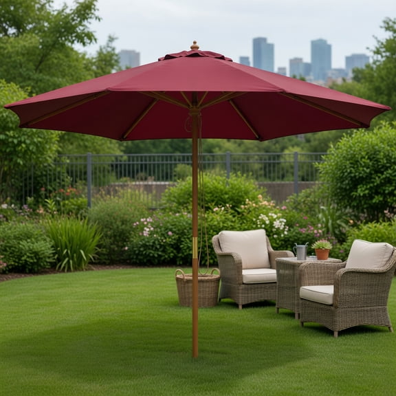 10 ft Patio Umbrella with 8 Bamboo Ribs, 3-Position Height Adjustment, Vented Canopy & Easy-Pull Rope System,Beige