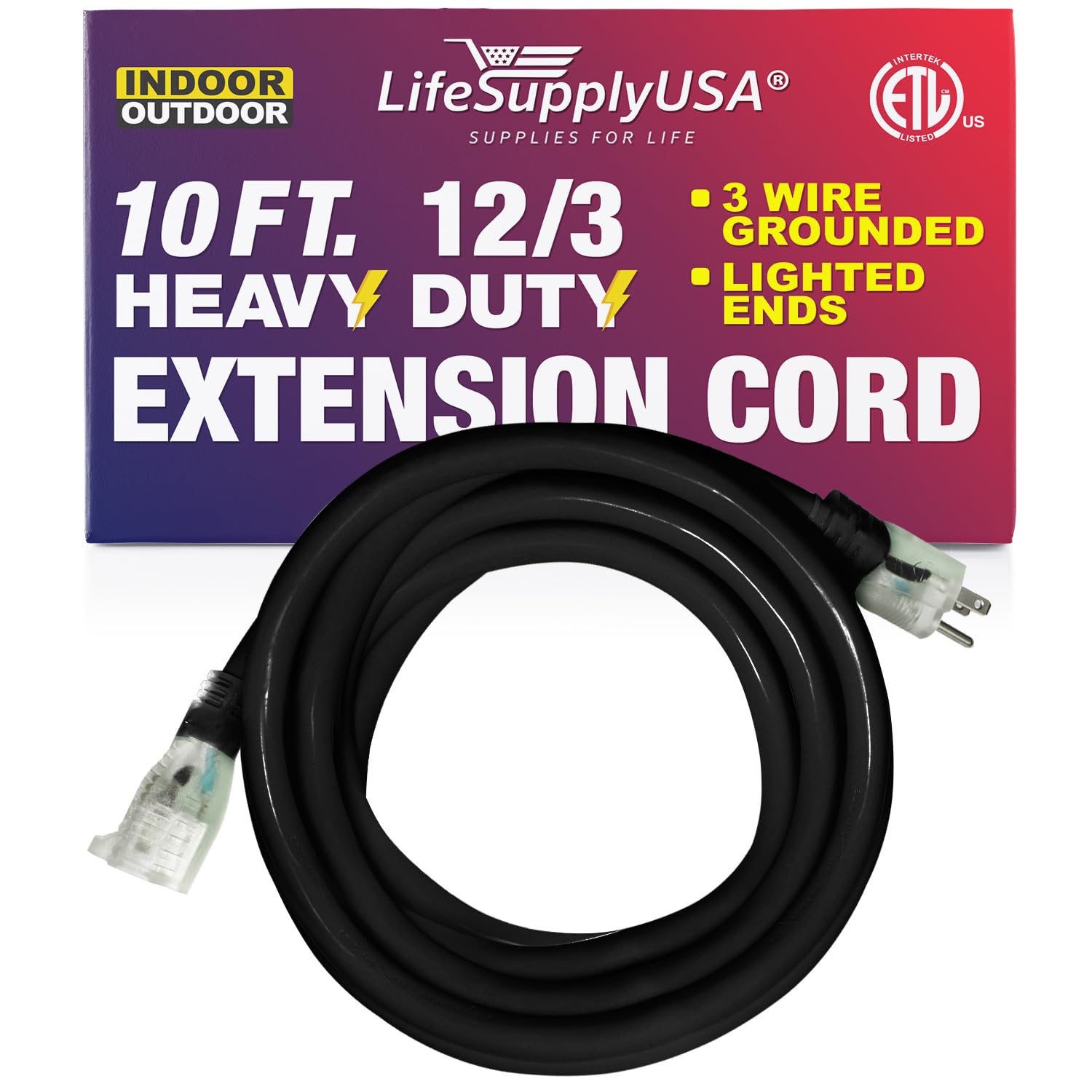 10 ft Power Extension Cord Outdoor  Indoor Heavy Duty 12 Gauge/3 Prong SJTW  (Black) Lighted end Extra Durability 15 AMP 125 Volts 1875 Watts ETL Listed  by LifeSupplyUSA