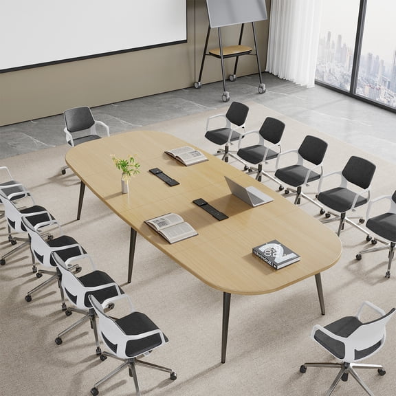 10 ft Racetrack Conference Table with Power & Data Hubs, Light Oak Top, Black Frame, and Cable Management
