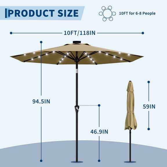 10 ft Solar LED Patio Umbrella with 32 LED Lights, Outdoor Market Umbrella with Crank Lift and Push-Button Tilt, UPF 50 Polyester Canopy, 8-Rib Steel Frame