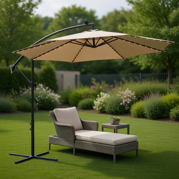 10 ft Solar Patio Umbrella with 112 LED Lights,Tilt & Crank Design, Beige/Coffee/Navy/Red Polyester Outdoor Umbrella for