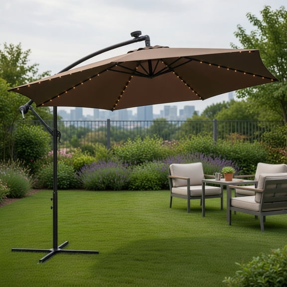 10 ft Solar Patio Umbrella with 112 LED Lights,Tilt & Crank Design,Beige, Coffee, Navy, Red,Weather-Resistant Polyester