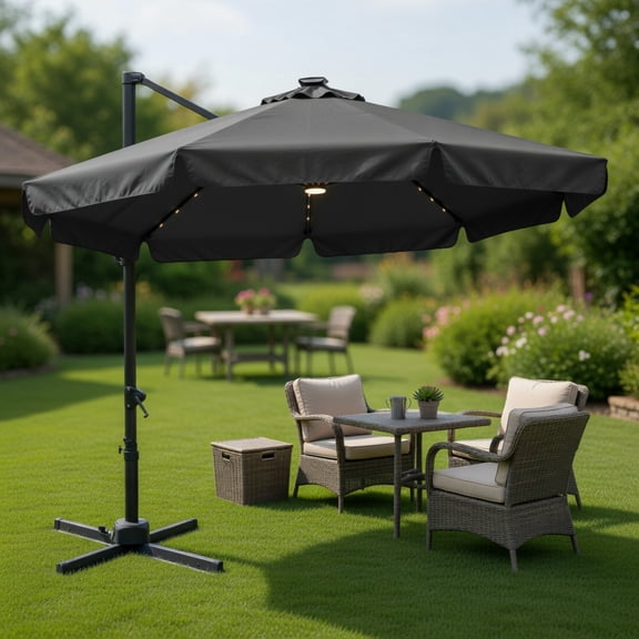 10 ft Solar-Powered Cantilever Patio Umbrella with 28 LED Lights, 360 Rotation & 6-Level Tilt,Gray
