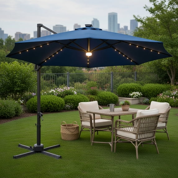 10 ft Solar-Powered Cantilever Patio Umbrella with 28 LED Lights, 360° Rotation & 6-Level Tilt,Navy Blue