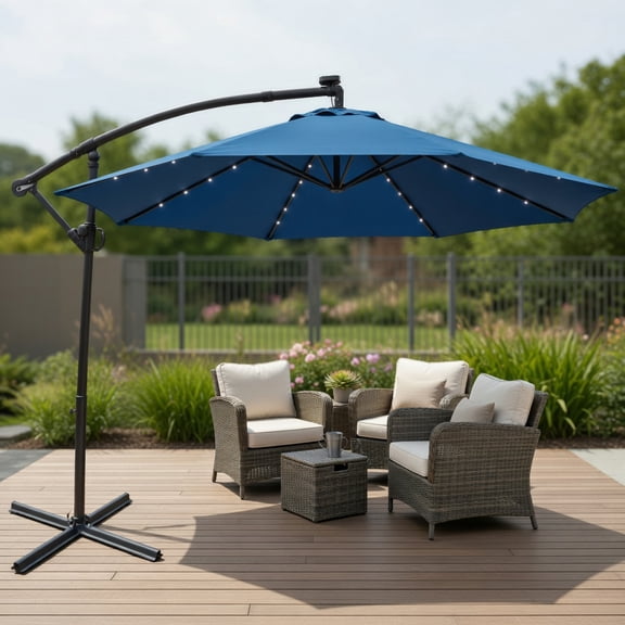 10 ft Solar Powered LED Offset Patio Umbrella with 360 Rotation & 32 Built-in Lights,Blue, Beige, Tan, Orange, Dark Red