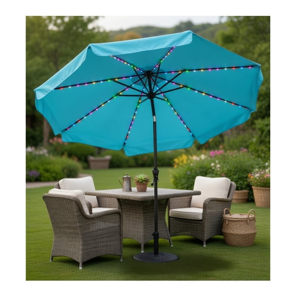 10 ft Solar-Powered Patio Umbrella with 96 Color-Changing LED Lights, Tilt & Crank Mechanism, UV-Resistant Polyester Can