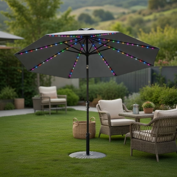 10 ft Solar-Powered Patio Umbrella with 96 Color-Changing LED Lights, Tilt Function & UV-Resistant Gray Canopy for Outdo