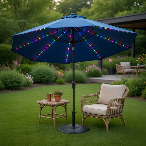 10 ft Solar-Powered Patio Umbrella with 96 Color-Changing LED Lights, Tilt Function & UV-Resistant Navy Canopy