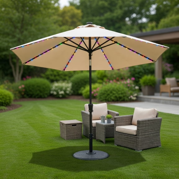 10 ft Solar-Powered Patio Umbrella with 96 Color-Changing LED Lights, Tilt Function & Weather-Resistant Beige Canopy for