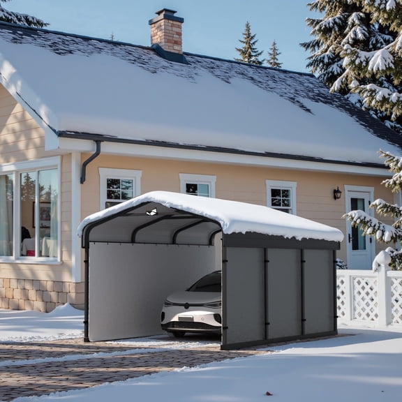 10 ft. W x 15 ft. D Outdoor Galvanized Steel Carport with Fabric Sidewall & Metal Frame, Heavy-duty Garage with Solar Lamp for Cars, Trucks, RV, Snow & UV Protection