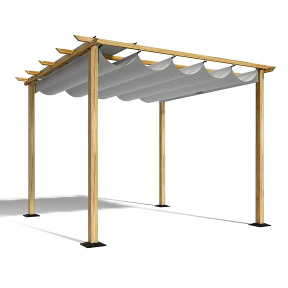 10 ft. x 10 ft. Wood Grain Aluminum Outdoor Pergola with Gray Retractable Shade Canopy