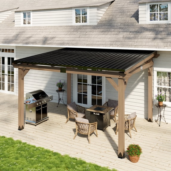 Mondawe 10 x 12 FT Cedar Wood Gazebo with Metal Hardtop, Large Outdoor Grill Canopy with Sloped Roof, Heavy Duty Pergola for Patio, Backyard, Garden