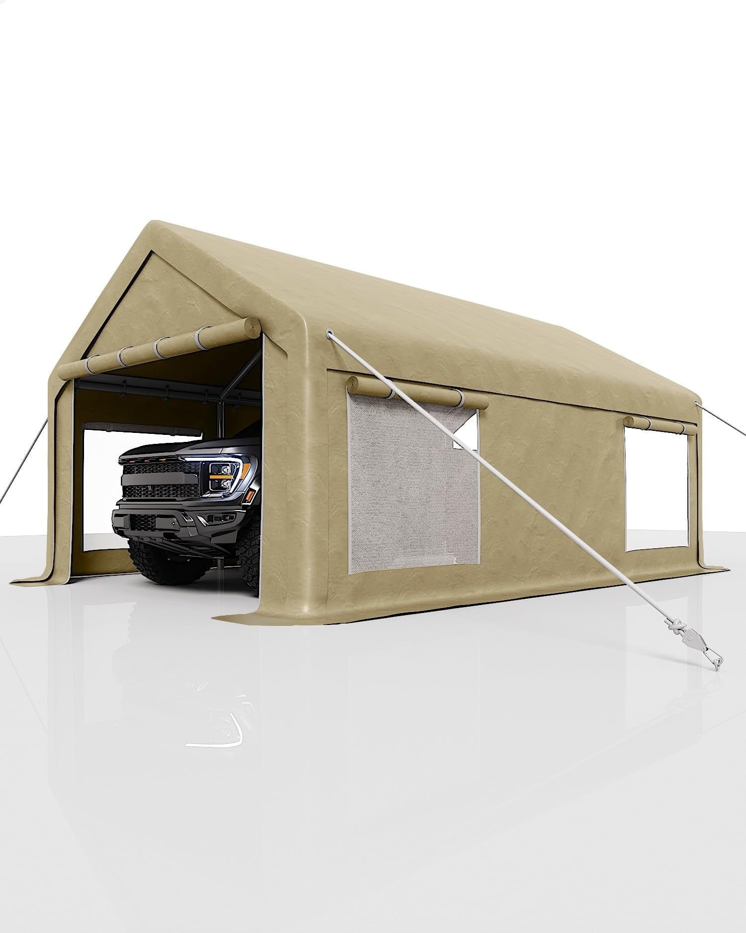 10 ft x 20 ft Heavy-Duty Portable Carport Garage with 200g PE Tarp, Dual Roll-Up Doors & 4 Windows, All-Weather Outdoor Shelter for Paint Booths, Boats, Pickups & Events, Double Yellow Khaki