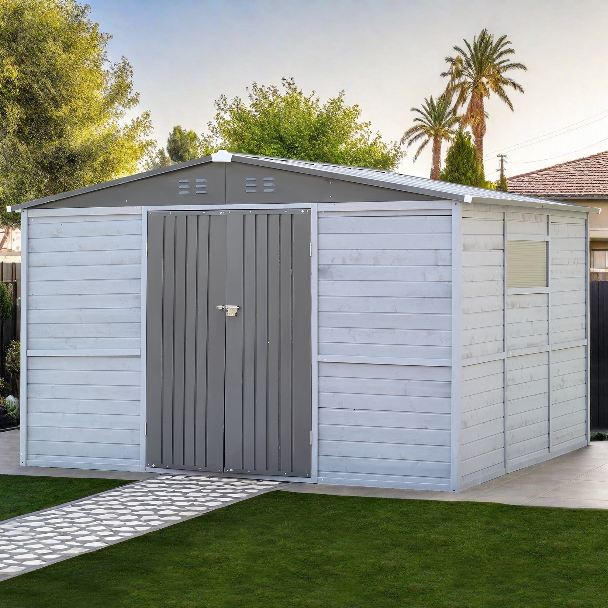 10 ft.  x 8 ft.  Outdoor Iron & Solid Wood Tool Storage Shed with Two Doors and Windows
