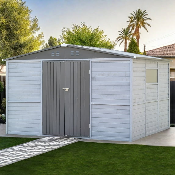 10 ft. x 8 ft. Outdoor Iron & Solid Wood Tool Storage Shed with Two Doors and Windows