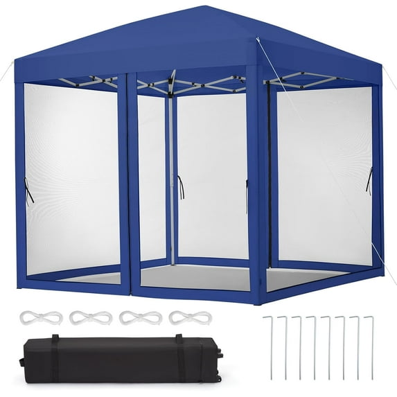 10 ft x10 ft Instant Pop-Up Canopy Tent with Removable Mosquito Netting & 2 Zipper Doors, Portable Outdoor Shelter for Camping, Backyard, Picnic - Includes Wheeled Carry Bag (Blue)