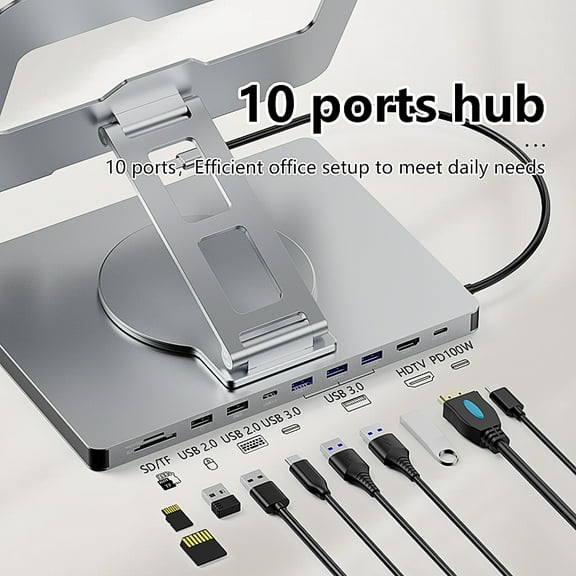 10-in-1 Aluminum iPad Holder & Docking Station, 4K 60Hz USB-C Hub, 5Gbps USB 3.0, 100W PD Charger for Laptop/Desktop