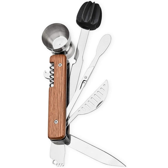 10 in 1 Bartender Tool with Strainer, Muddler, Reamer, Jigger, Stirrer, Knife and Channel Knife for Camping, Travel and Outdoor Use