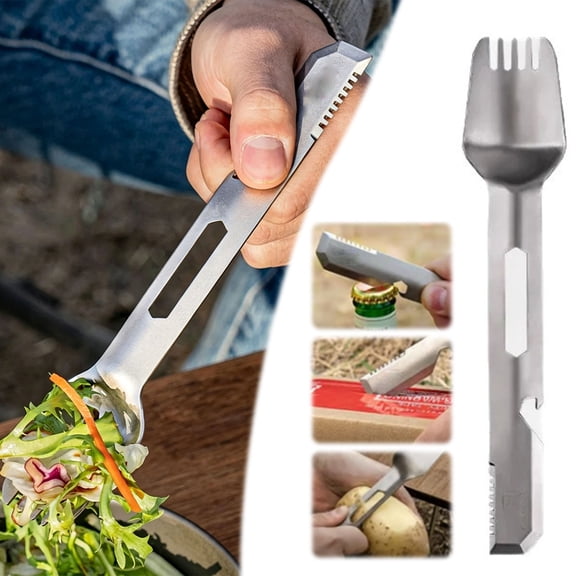 10 in 1 Camping Gear Tool Titanium Spork, Multifunction Outdoor Survival Utensil with Bottle Opener Saw and File