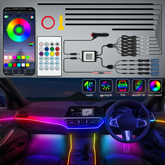 10-in-1 Car Interior LED Strip Lights, Music Sync, App & RF Remote Control, Dreamcolor Chasing, 16M Colors