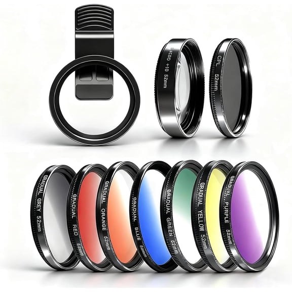 10 in 1 Cell Phone Camera Lens Attachments, 52mm Clip On CPL Polarized Filter with x Macro Lens, 7 Color Filters and for iPhone Other Phones