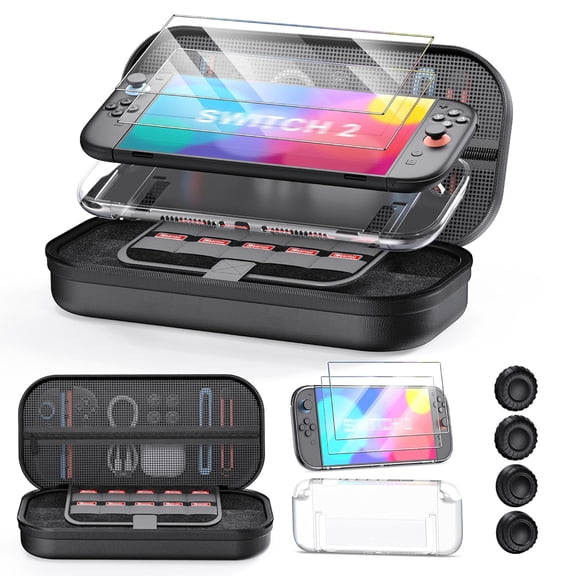 10 in 1 Accessory Bundle Compatible with Nintendo Switch 2, Portable Hard Shell Travel Case Kit, 2 Screen Protectors, 1 Protective Case, 4 Thumb Grip Caps, 1 Handbag-Black