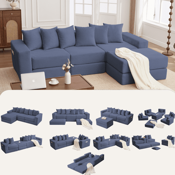 10-in-1 Convertible Sofa Sectional,Corner Couch, Convertible Floor Sleeper Sofa,Corduroy,Side Pocket,No Assembly,DIY,L Shaped Modular Sofa,6 Pillows,Blue