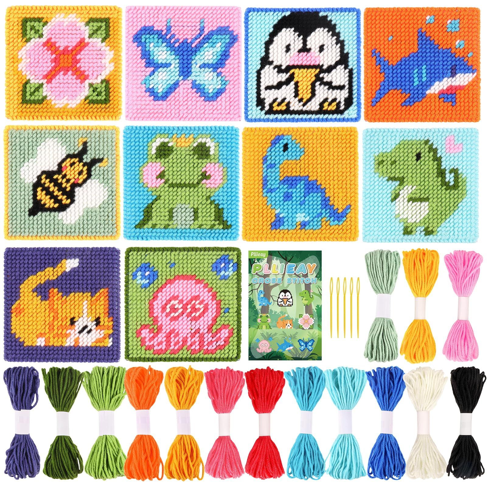 10-in-1 Cross Stitch Beginner Embroidery Kit for Kids Includes 10pcs Plastic Mesh Canvas with Pattern, 15 Yarns, 5 Weaving Needles, Needle Points Starter Sewing Set with Instructions