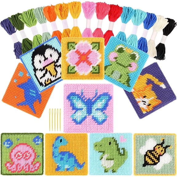 10-in-1 Cross Stitch Beginner Kit for Kids, Embroidery Kit Includes 10pcs Plastic Mesh Canvas with Pattern, 15 Yarns, 5 Weaving Needles