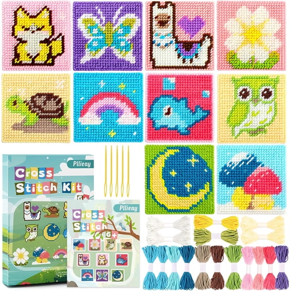 10-in-1 Cross Stitch Beginner Kit for Kids, Kids Embroidery Kit for Beginners Includes 10pcs Plastic Mesh Canvas with Different Pattern, 17 Colored Threads, Instructions for Christmas