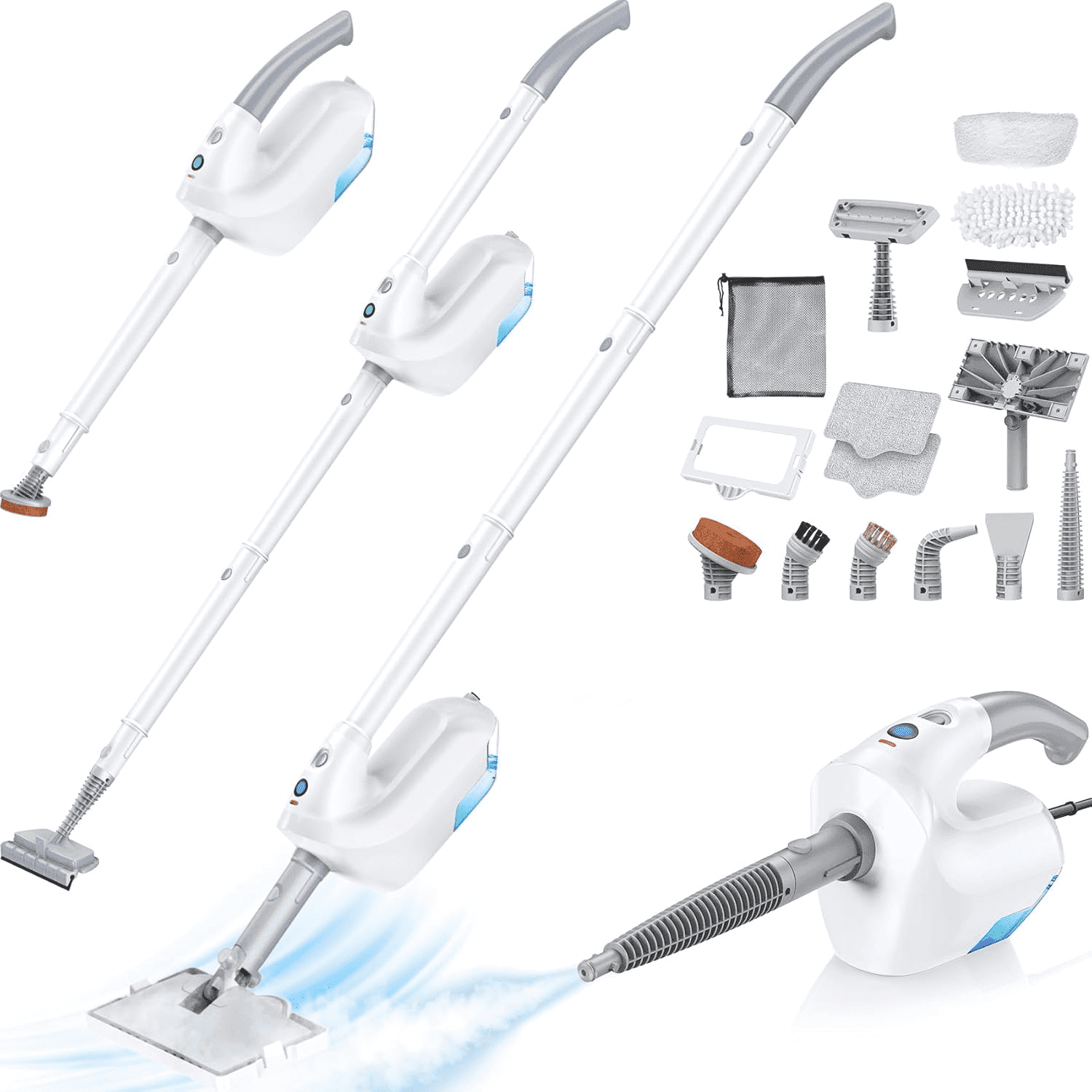 10-in-1 Detachable Handheld Steamer & Floor Steam Mop, 350ml Tank, 10s Fast Heat-Up, 2 Steam Levels for Hardwood, Tile, Grout, Carpet -Pure White