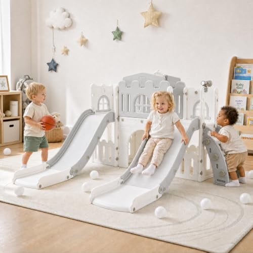 10-in-1 Freestanding Double Toddler Slide Featuring Dual Side-by-Side Kids Slide for Indoor & Outdoor Playground, HDPE Sturdy Climber Playset for Children Ages 1-3, Gray White